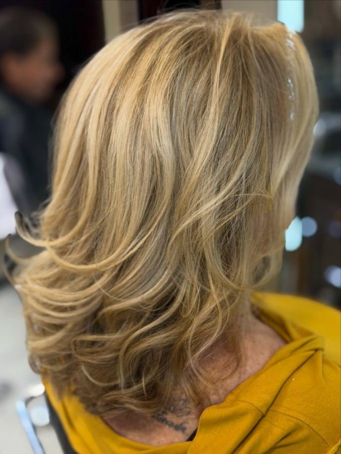 Cabelo com mechas loiras douradas, vista de trás